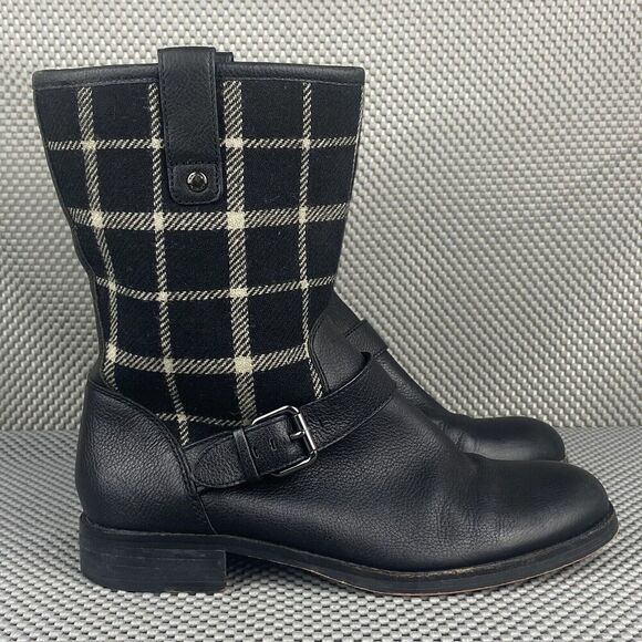 Coach Mackie Boots Womens 5 B Black Leather Wool Neoprene Plaid Mid Calf Casual - Picture 1 of 13